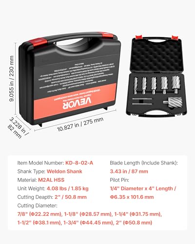 VEVOR Annular Cutter Set, 8 pcs Weldon Shank Mag Drill Bits Kit, 2" Cutting Depth, 7/8" to 2" Cutting Diameter, HSS, 6 Drill Bits with 2 Pilot Pins, Plastic Case, for Magnetic Drills, Steel, Aluminum - size: 7/8" - 2" * 2