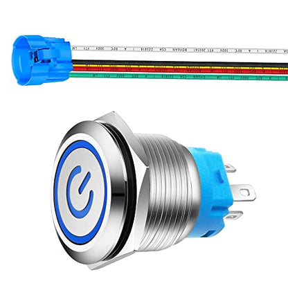 Gebildet 0.87''/22mm Stainless Steel Latching Push Button Switch SPDT 110V-220V/3A Power Symbol LED 1NO1NC ON/Off Waterproof Toggle Switch with Wire Socket Plug (Blue LED) - color: blue /110-220V