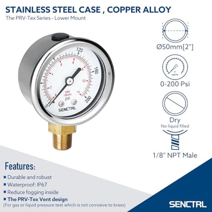 SENCTRL 0-200 Psi Pressure Gauge, 1/8" NPT Lower Mount - size: 0-200Psi, style: Lower Mount (1/8" NPT)