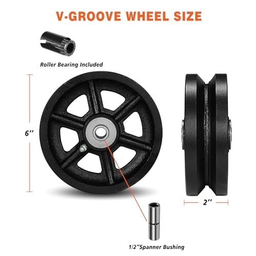 6" X 2" Cast Iron V Groove Wheel with Roller Bearing, 2000 lbs Capacity,Industrial Metal Casters for Roll Tracks, Rolling, Sliding Gates(2 Pack Black) - style: 6" X 2" Wheel