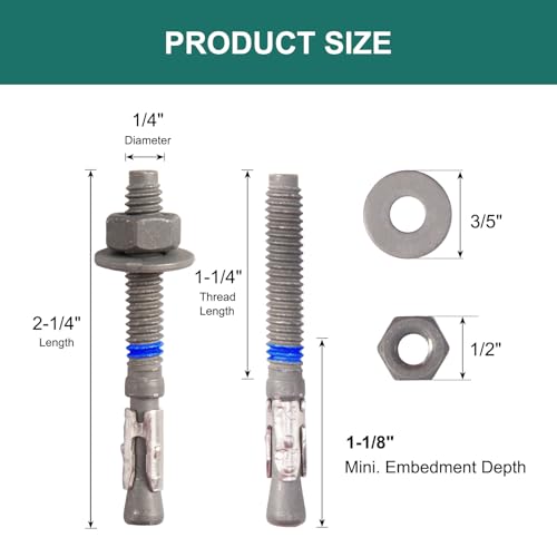1/4" x 2-1/4" Concrete Anchors (20 Pack) 1/4 inch Wedge Anchors Bolts Hot Dip Galvanized - size: 1/4"x2-1/4" (20 PCS)