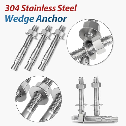 3/8" x 3" Wedge Anchor, 304 Stainless Steel Concrete Anchors, 8Pcs