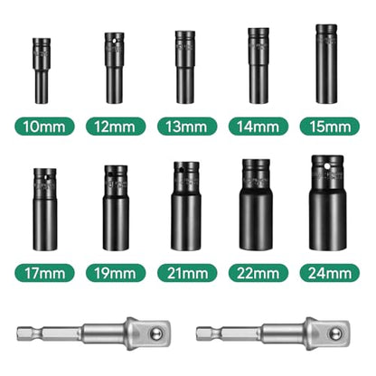 1/2" Drive Metric Impact Socket Set (10–24mm), 10-Piece Heavy Duty Impact Sockets with 2 Extension Bars, Deep Impact Socket Kit for Impact Wrench & Automotive Repair