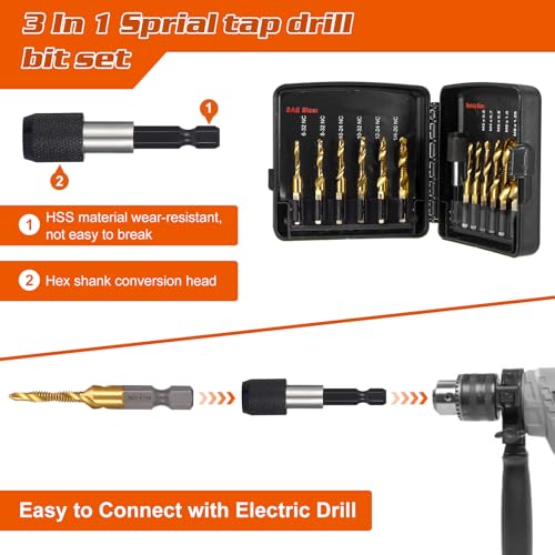 13PCS Titanium Drill Tap Set, HSS SAE & Metric Drill and Tap Bits with Quick Change Adapter, 3-in-1 Tool for Drilling, Tapping, Countersinking for Metalworking (Black) - style: 13pcs-Black