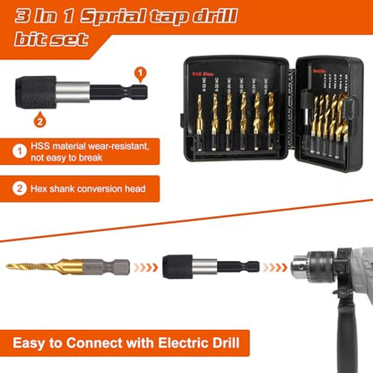 13PCS Titanium Drill Tap Set, HSS SAE & Metric Drill and Tap Bits with Quick Change Adapter, 3-in-1 Tool for Drilling, Tapping, Countersinking for Metalworking (Black) - style: 13pcs-Black