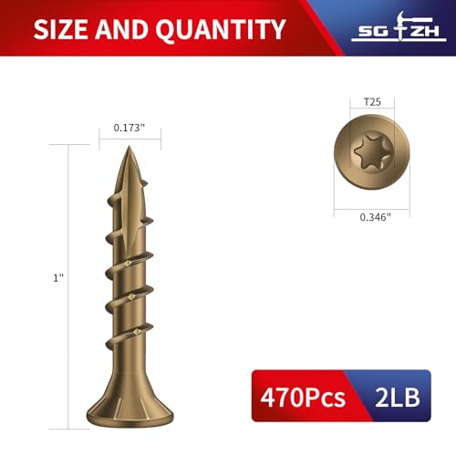 #8 x 1 Inch Deck Screws (470Pcs) 2lb. Carbon Steel, Yellow, Flat Head, Rust Resistant epoxy Coated, with T25 Star Bit - color: Yellow, size: #8 x 1"