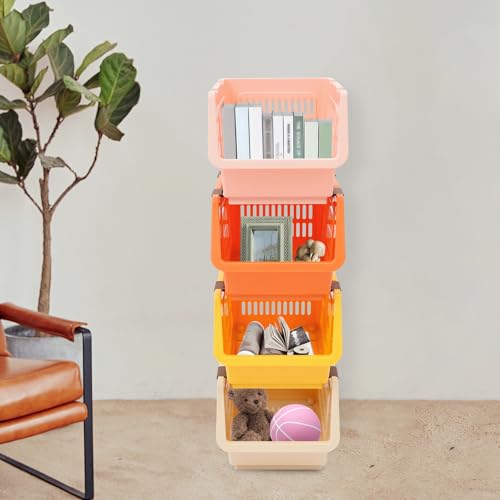 4 Pcs Open Front Stackable Storage Bins, PP Stacking Organizer Baskets with Rolling Wheels, Telescopic Buckles, Nestable, 38.58lbs Load (Ocean Mix) - color: Ocean Mix