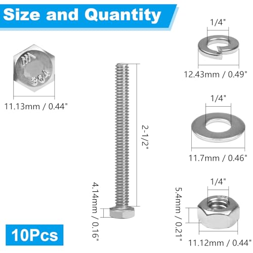 10 Sets 1/4-20x2-1/2 Hex Head Screw Bolt,Nuts,Flat & Lock Washers - size: 1/4-20 x 2-1/2"