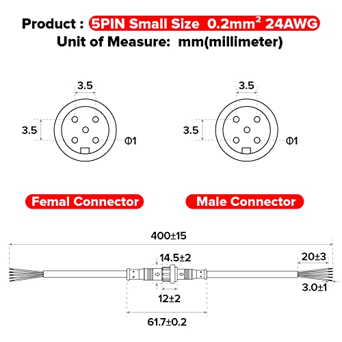 BTF-LIGHTING 5 Pin Electrical Connector 24AWG IP65 Male Female Connector 7.87in/20cm Extension Cable for Car,Truck,Boat,Indoor/Outdoor LED Strip Lights/String 15mm Nut Small Size 5 Pairs - size: 5 PIN Small Size