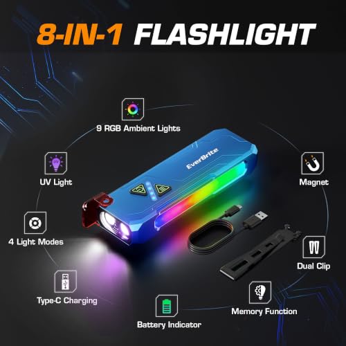EverBrite Flat Rechargeable EDC Flashlight with RGB/UV Light for Home - color: Blue