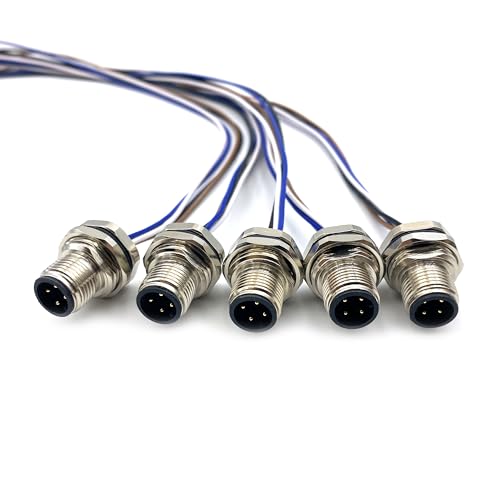 5Pcs 1.64ft M12 4 Pin A Code Male Connector Cable, IP67 Waterproof Front Mount Cable UnShielded Straight Aviation Socket Electrical Wire Sensor Receptacle 250V 4A (0.5Meter) - size: Male+Front Mount