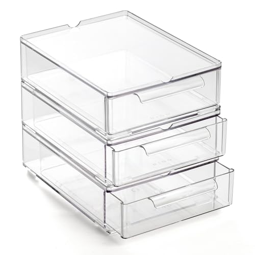 BINO | Clear Stackable Storage Drawers, Small - 3 Pack | Clear Storage Drawers with Built-In Handles | Durable Plastic Organizer Drawer | Modular Stackable Drawer Acrylic Organizer - size: 3 Pack - Small