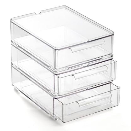 BINO | Clear Stackable Storage Drawers, Small - 3 Pack | Clear Storage Drawers with Built-In Handles | Durable Plastic Organizer Drawer | Modular Stackable Drawer Acrylic Organizer - size: 3 Pack - Small