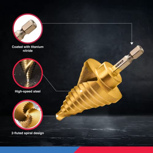 NEIKO 10173A Step Drill Bit Set for Metal and Wood, 5 Piece SAE, Spiral Grooved for Faster Drilling, Step Bits with 50 Total Step Sizes, Titanium Coated Unibits - size: 5pc (1/8 - 1-3/8", 50S), style: Spiral