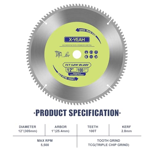 12 Inch 100T Aluminum Non-Ferrous Metal Cutting Circular Saw Blade with 1 Inch Arbor, TCG, Miter/Table Saw Blade - style: for Aluminum 12" 100T
