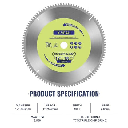 12 Inch 100T Aluminum Non-Ferrous Metal Cutting Circular Saw Blade with 1 Inch Arbor, TCG, Miter/Table Saw Blade - style: for Aluminum 12" 100T