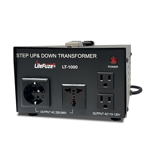 LiteFuze LT Series 1000 Watt Voltage Converter Transformer Step Up/Down - 110v to 220v / 220v to 110v Power Converter - Fully Grounded Cord - Universal Socket, CE Certified - style: 1000 Watt W/ Circuit Breaker