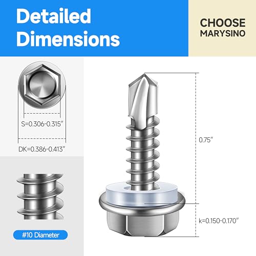 Self Tapping Screws for Metal 100 Pcs #10 x 3/4" Sheet Metal Screws, 410 Stainless Steel Hex Head Self Drilling Screws for Metal Plastic Wood, High-Strength Quick Self-Tapping Screws by Marysino - color: Silver (#10), size: 3/4"