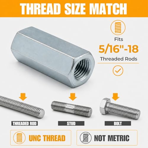 5/16-18 Hex Coupling Nut, Pack of 12 Zinc-Plated Carbon Steel Rod Coupler Extension Joiner - color: Silver, size: 5/16-18 x 1-1/4"