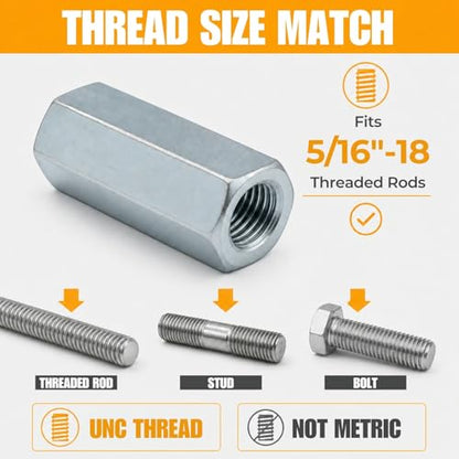 5/16-18 Hex Coupling Nut, Pack of 12 Zinc-Plated Carbon Steel Rod Coupler Extension Joiner - color: Silver, size: 5/16-18 x 1-1/4"