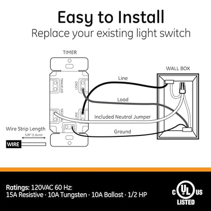 GE 7-Day in-Wall Digital Timer Switch, Auto Adjust Sunrise/Sunset Times