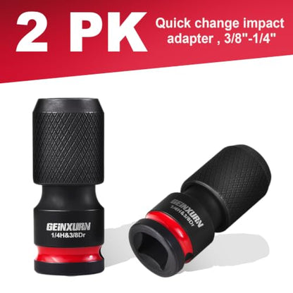 Geinxurn 2PCS Impact Screwdriver Bit Holders, 3/8-Inch Square Drive to 1/4-Inch Quick Release Hex Socket Adapter for Impact Wrench - size: 2pcs-3/8"