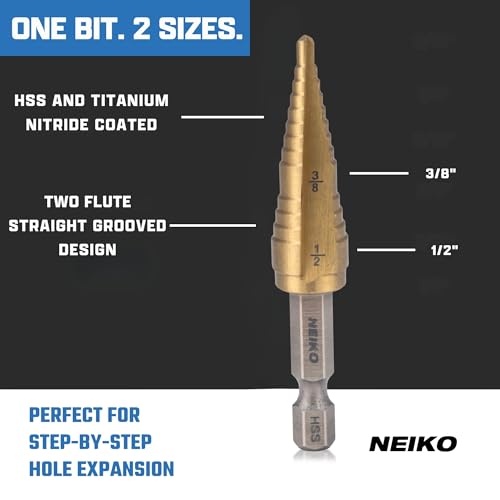 NEIKO 10616A Step Drill Bit, 2 Steps 3/8" to 1/2" Straight High Speed Steel, Titanium Nitride Coated, 1/4" Quick Change Step Bits for Steel, Metal, Wood, Plastic, Unibit Cone Drill Bits, Two Flute - size: #6 (3/8 - 1/2", 2S), style: Straight