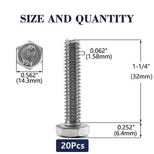 3/8-16 x 1-1/4" Hex Head Screw Bolt, 20Pcs 18-8 (304) Stainless Steel, Fully Threaded, Plain Finish, by SG TZH - size: 3/8-16 x 1-1/4"