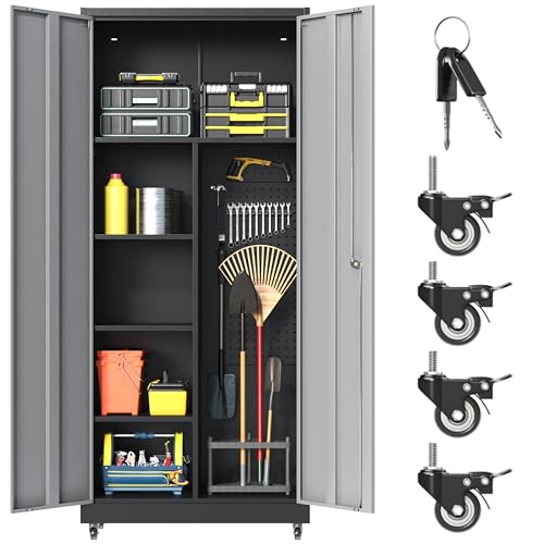 71''H Metal Garage Storage Cabinet with Wheels, Broom Cabinet with Lock - color: Black Gray, size: 71''h broom cabinet