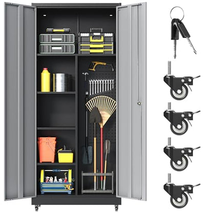 71''H Metal Garage Storage Cabinet with Wheels, Broom Cabinet with Lock - color: Black Gray, size: 71''h broom cabinet