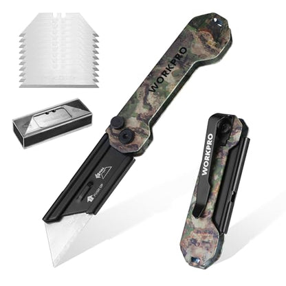WORKPRO EDC Folding Utility Knife, Mini Box Cutter with Quick Open Axis Lock, Quick Change Blade Razor Knife, Foldable Small Pocket Knife with Belt Clip, 1 Pack with 10 Extra Blades - color: Camo