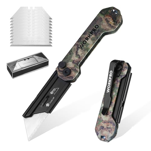 WORKPRO EDC Folding Utility Knife, Mini Box Cutter with Quick Open Axis Lock, Quick Change Blade Razor Knife, Foldable Small Pocket Knife with Belt Clip, 1 Pack with 10 Extra Blades - color: Camo