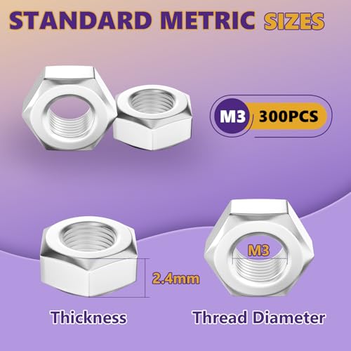 300Pcs M3-0.5mm Hex Nut Set 304 Stainless Steel - size: 300Pcs-M3