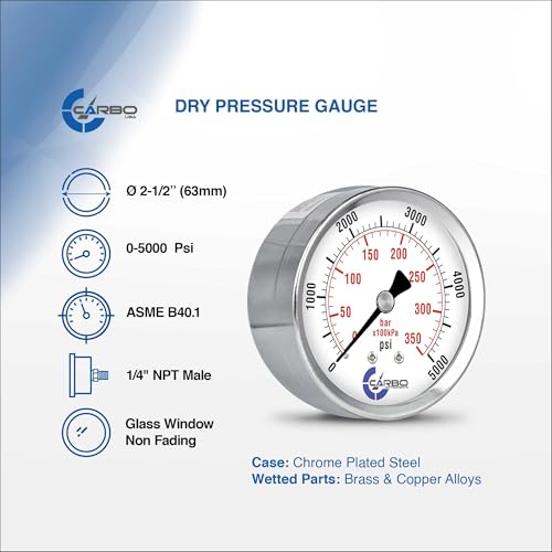 2-1/2" Pressure Gauge, Chrome Plated Steel Case, Dry, 0-5000 psi/kPa, Back Mount 1/4" NPT - style: 0-5000 psi