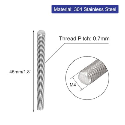 uxcell M4 x 45mm 304 Stainless Steel Fully Threaded Rod Bar Studs Silver Tone 20 Pcs - size: M4 x 45mm