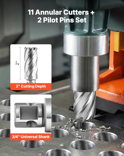 VEVOR Annular Cutter Set, 13 pcs Universal Shank Mag Drill Bits Kit, 2" Cutting Depth, 7/16" to 1-1/16" Cutting Diameter, HSS, 11 Drill Bits with 2 Pilot Pins, Plastic Case, for Magnetic Drills, Steel - size: 7/16" - 1-1/16" * 2"(Universal)