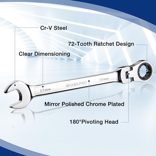 WORKPRO 22-Piece Ratcheting Wrench Set, Flex-Head & Polished - style: Flex-head & Polished