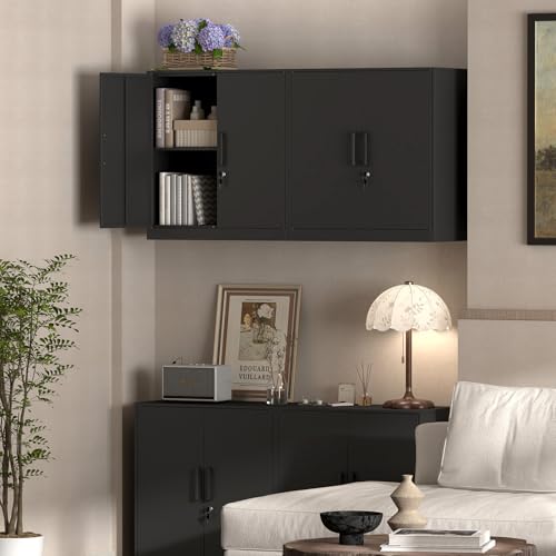 IRONFFICE Metal Wall Cabinet,Garage Cabinet with Handle,Lockable Storage Cabinets Wall Mounted with 2 Doors,Locking Cabinet with Shelves for Basement,Office,Living Home,Black - color: Black, size: 27.95"H / handle