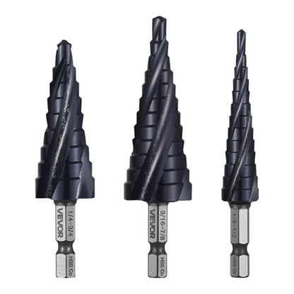 VEVOR Step Drill Bit Set, 1/8-7/8 inch, 3 Pieces Step Drill Bits, 1/4 inch Hex Shank, TiAlN Coating Cobalt HSS High Speed Steel, for Metal, Stainless Steel, Aluminum, Wood, Plastic, Fiberglass - size: 1/8-7/8" (3-Piece Set)