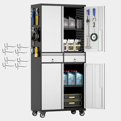 Reemoon 71" H Metal Garage Cabinet with Pegboard and 2 Drawers,Black-Silver - color: Black-silver, size: 15"D x 30.1"W x 71"H