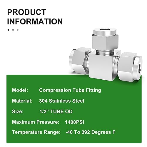 TAISHER 2PCS 304 Stainless Steel Compression Tube Pipe Fitting Connector, 1/2" Tube OD Tee Adapter - size: 1/2" OD Tee