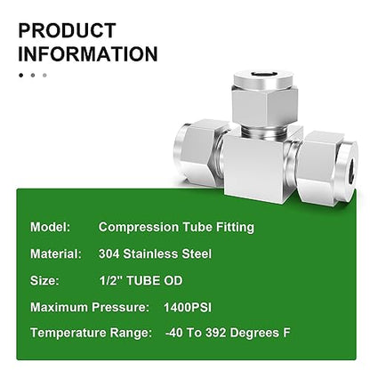 TAISHER 2PCS 304 Stainless Steel Compression Tube Pipe Fitting Connector, 1/2" Tube OD Tee Adapter - size: 1/2" OD Tee