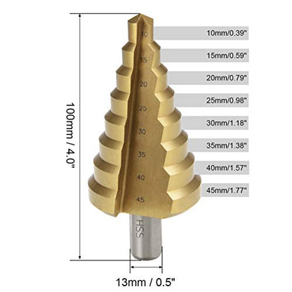 uxcell Step Drill Bit HSS 10mm to 45mm 8 Sizes Titanium Coated Straight Flutes Trilateral Shank for Metal Wood Plastic