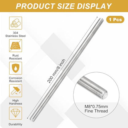 uxcell Fully Threaded Rod M8 x 0.75mm Pitch 200mm/8 inch Threaded - size: M8x0.75mmx200mm