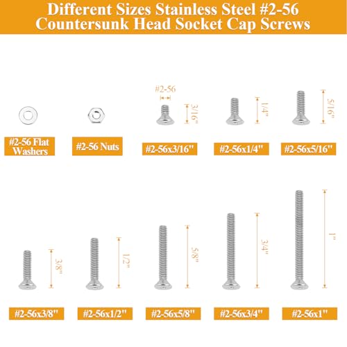 254 Pieces #2-56 x 3/16", 1/4", 5/16", 3/8", 1/2", 5/8", 3/4", 1", Countersunk Head Socket Cap Screws Nuts Washers Assortment Kit - size: #2-56, style: Countersunk Head Socket Cap