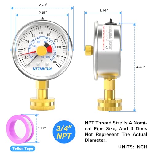 MEANLIN MEASURE Stainless Steel 0~200Psi 3/4" Female Water Pressure Test Gauge, 2.5" FACE DIAL with Red Indicator Hands, Dry Hydraulic Tester Suitable for Gardens, Water Pipes - color: Silver, size: 0-200Psi (Red Pointer)