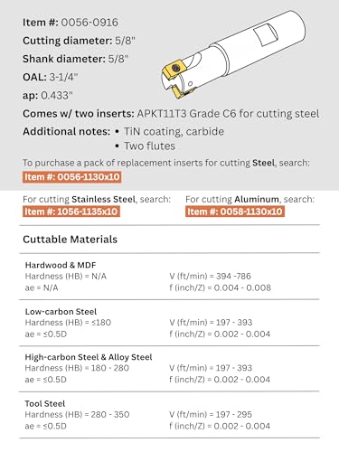 Accusize Industrial Tools 5/8'' 90 Deg Square Shoulder Indexable End Mill with 3-1/4'' Oal, Apkt11t3 Carbide Inserts, 2 Flute, 0056-0916 - size: 5/8" Cut, 5/8" Shk, 2 Fl