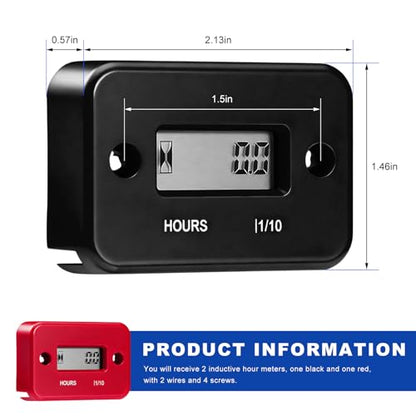 Sun Walker 2PCS Inductive Hour Meter, Waterproof Hour Meter Automatically Shutdown Hr Counter, Digital LCD Hourmeter Maintenance Reminder for Gas Engine Powered Motorcycle Snowmobile (Black+Red) - color: Black+Red
