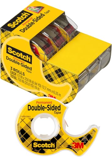 Scotch Double-Sided Tape, 1/2 in x 250 in (12.7 mm x 6.35 m), 3 Count (Pack of 12) - size: 0.5 in x 250 in (3 Rolls) (Pack of 12)