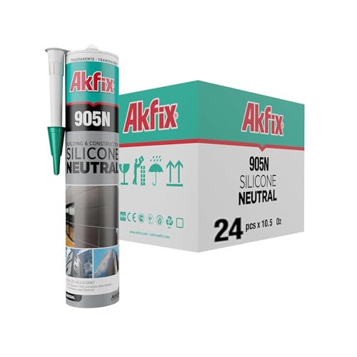 Akfix 905N Clear 100% Silicone Caulk for Construction and Building (24x10.5 fl.oz.) - Solvent-Free, Low Odor, UV & Water Resistant, Fast Curing, Non-sag, Flexible Silicone Sealant | Clear, 24 Pack - size: 24 Pack, style: Kitchen&Bath Silicone-Clear